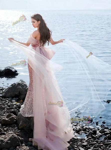 Shop 2024 ANNAKOO Pink Off The Shoulder Sequin Flower Mermaid Prom Dress Under 198