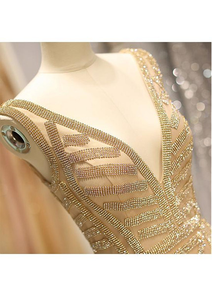 Tulle V-neck Neckline Floor-length Gold Beading Luxury  Mermaid Evening Dress 