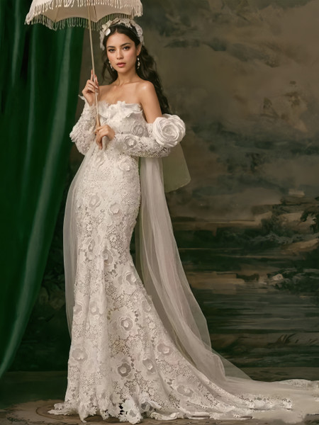Off The Shoulder Lace Tulle Flower Trumpet Mermaid Wedding Dress 
