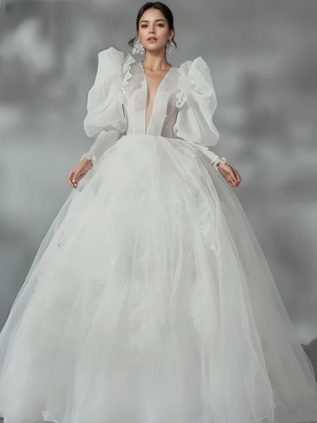 Shop 2024 ANNAKOO Deep V Neck Long Sleeve Tulle Flower Ball Gown Wedding Dress Under 289