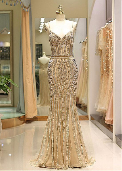  Tulle Spaghetti Straps Neckline Black Floor-length Beading  Mermaid Prom Evening Dress 