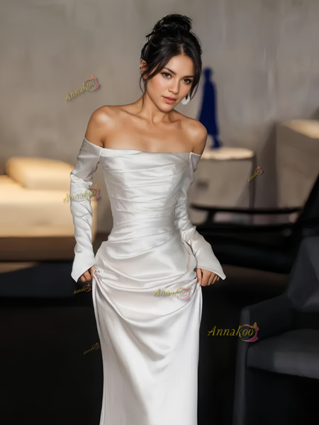 Shop 2024 annakoo Off The Shoulder Satin Long Sleeves Wedding Dress Under 159