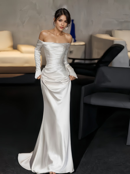 Shop 2024 annakoo Off The Shoulder Satin Long Sleeves Wedding Dress Under 159