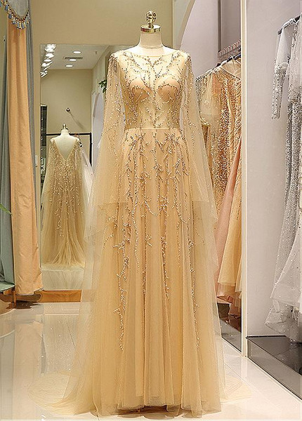 Long Sleeve Gold Tulle Jewel Neckline Beadings Floor-length Prom Evening Dress