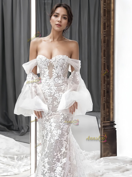 Lace Detachable Long Sleeve Off The Shoulder Mermaid Wedding Dress