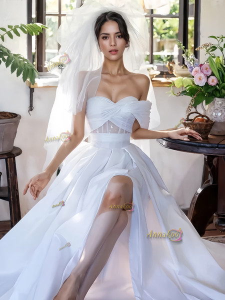 A Line Sheer Satin Off The Shoulder Wedding Dress With Slit