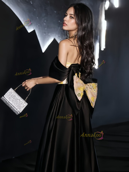 Shop 2024 ANNAKOO Black Appliques Belt Off The Shoulder Satin A Line Prom Dress Under 139
