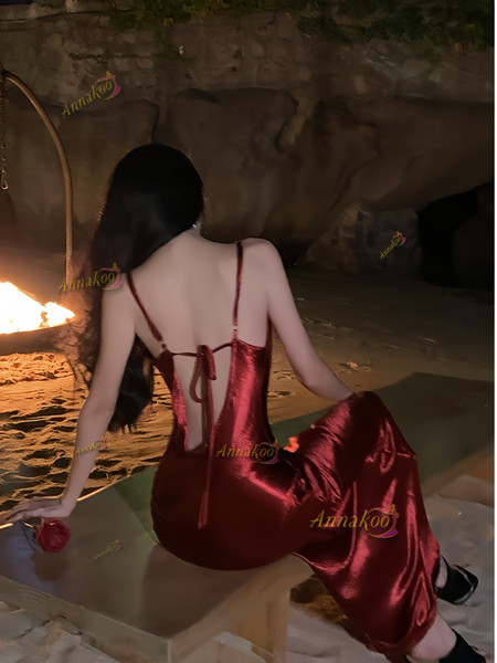 Shop 2024 ANNAKOO Satin Burgundy Spaghetti Straps Long Prom Party Dress Under 99