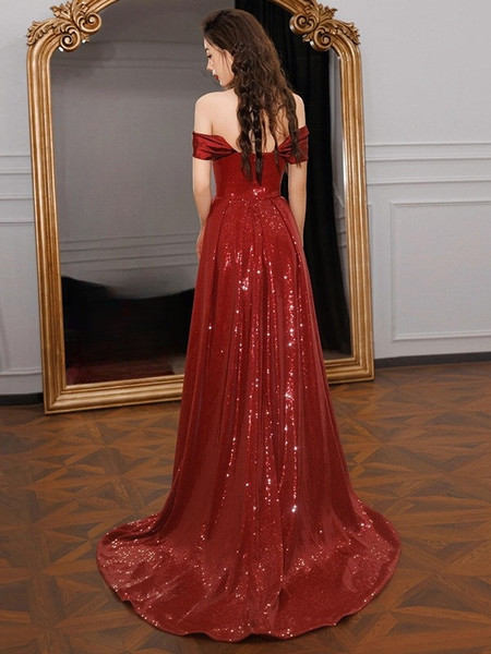 Shop 2024 ANNAKOO Burgundy Sequin Off The Shoulder Satin A Line Prom Dress Under 139