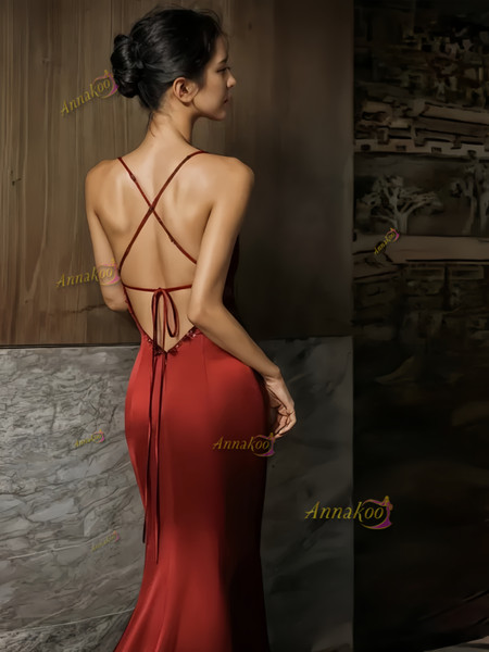 Shop 2024 ANNAKOO Spaghetti Straps Satin Sheath Column Prom Dress Under 129