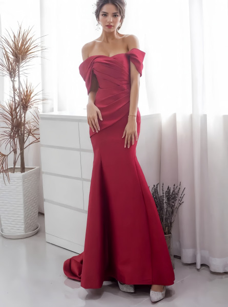 Shop 2024 ANNAKOO Off The Shoulder Ruched Satin Sheath Column Prom Dress Under 149