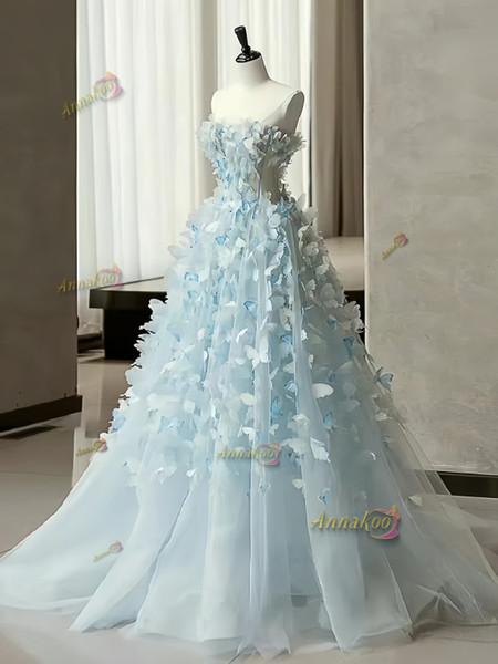 Shop 2024 ANNAKOO Tulle Flowers Light Blue Sweetheart A Line Prom Dress Under 188