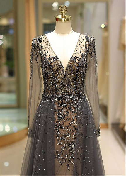 Tulle V-neck Neckline Floor-length Beadings Long Sleeves A-line Evening Dress