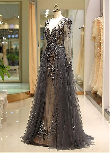 Tulle V-neck Neckline Floor-length Beadings Long Sleeves A-line Evening Dress