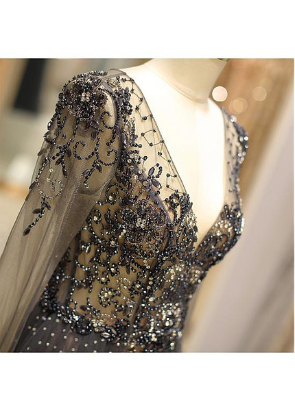 Tulle V-neck Neckline Floor-length Beadings Long Sleeves A-line Evening Dress