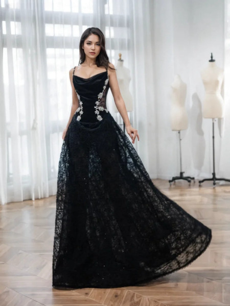 Shop 2024 ANNAKOO Spaghetti Straps Lace Beading A Line Black Prom Dress Under 188