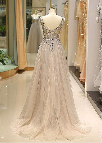Gray Long Tulle V-neck Neckline See Through A-line Prom Dress