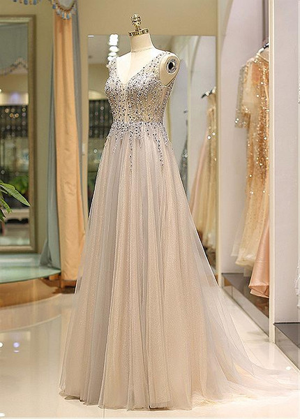 Gray Long Tulle V-neck Neckline See Through A-line Prom Dress