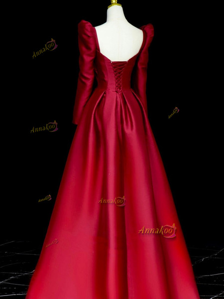 Shop 2024 ANNAKOO Long Sleeve Sweetheart Ruched Satin Burgundy A Line Prom Dress Under 159