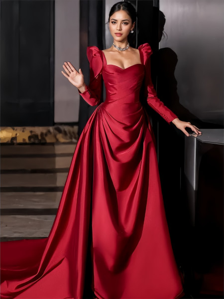 Shop 2024 ANNAKOO Long Sleeve Sweetheart Ruched Satin Burgundy A Line Prom Dress Under 159