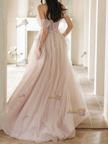 Shop 2024 ANNAKOO Light Pink Tulle Off The Shoulder Sheer Prom Dress Under 149