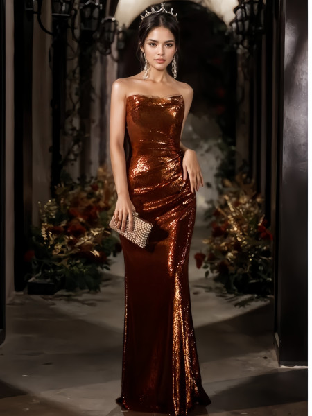 Shop 2024 ANNAKOO Coffee Strapless Sequin Sheath Column Prom Dress Under 139