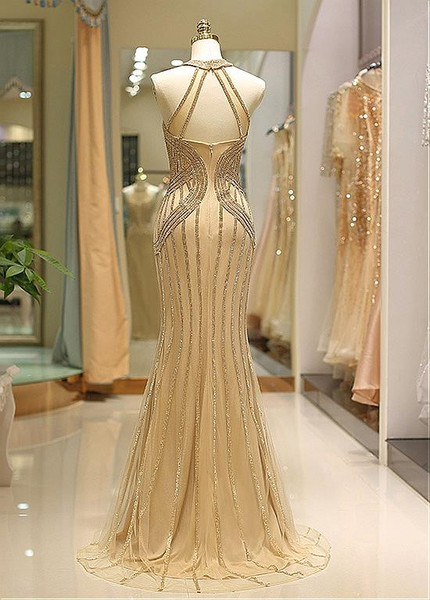 Tulle Jewel Beading Neckline Long Mermaid Prom Evening Dress