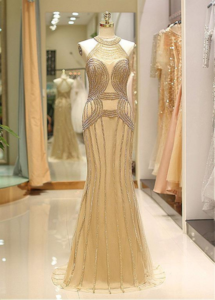 Tulle Jewel Beading Neckline Long Mermaid Prom Evening Dress