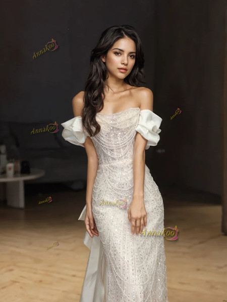 Shop 2024 ANNAKOO Off The Shoulder Tulle Beading Trumpet Mermaid Wedding Dress Under 169