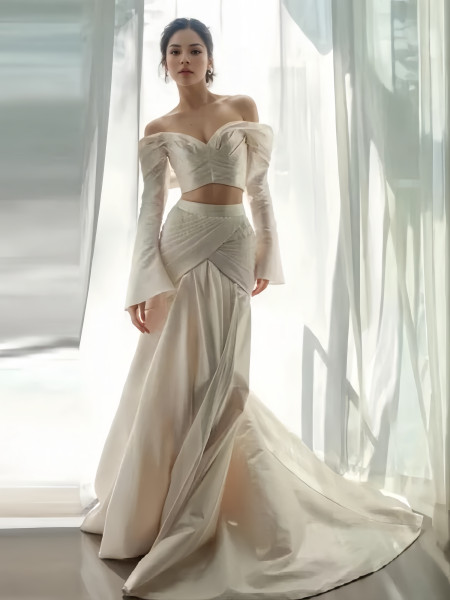 Shop 2024 ANNAKOO Long Sleeve Off The Shoulder Two Piece Satin Wedding Dress Under 189