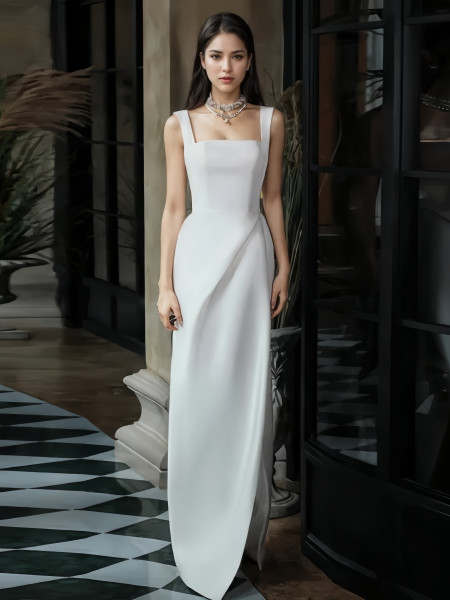 Shop 2024 ANNAKOO Straps Sheath Column Satin Wedding Dress With Slit Under 138