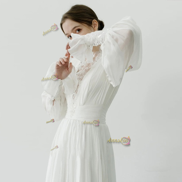 Shop 2024 ANNAKOO Long Sleeve Sheer Chiffon Pleats A Line Wedding Dress Unde 189