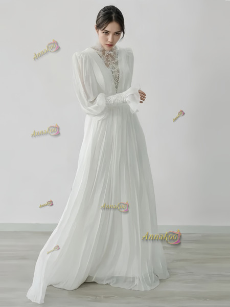 Shop 2024 ANNAKOO Long Sleeve Sheer Chiffon Pleats A Line Wedding Dress Unde 189