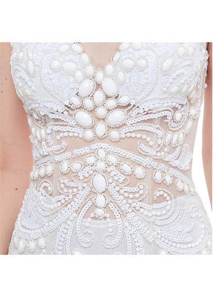 Luxury Sequin White Tulle Jewel Long Mermaid Prom Evening Dress 