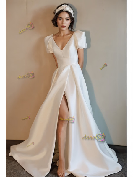 Shop 2024 ANNAKOO V Neck Satin Short Sleeves A Line Wedding Dress With Slit Under 139