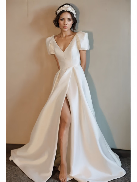 Shop 2024 ANNAKOO V Neck Satin Short Sleeves A Line Wedding Dress With Slit Under 139
