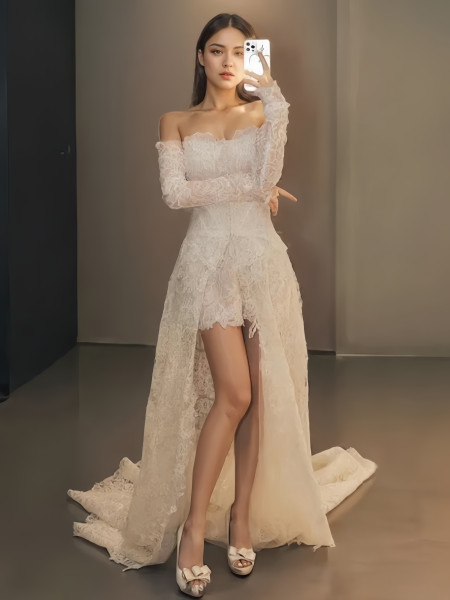 Shop 2024 ANNAKOO High Low Lace Long Sleeve Sheath Column Wedding Dress Under 159