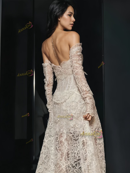 Shop 2024 ANNAKOO High Low Lace Long Sleeve Sheath Column Wedding Dress Under 159