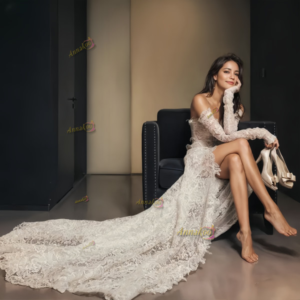 Shop 2024 ANNAKOO High Low Lace Long Sleeve Sheath Column Wedding Dress Under 159