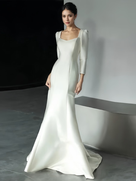 Shop 2024 ANNAKOO Square Long Sleeve Satin Trumpet Mermaid Wedding Dress Under 159