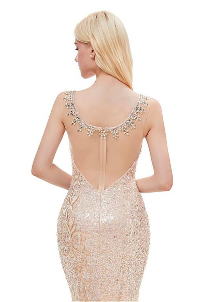 Sheer Back Satin Scoop Gold Long Mermaid Prom Evening Dress