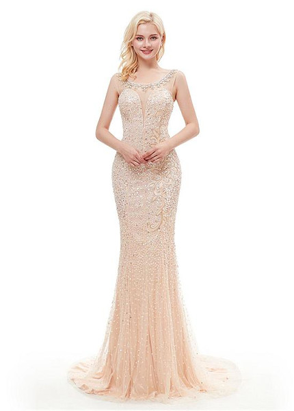 Sheer Back Satin Scoop Gold Long Mermaid Prom Evening Dress
