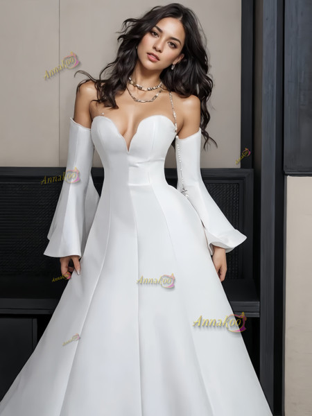 Shop 2024 ANNAKOO Long Sleeve Sweetheart Satin A Line Wedding Dress Under 159