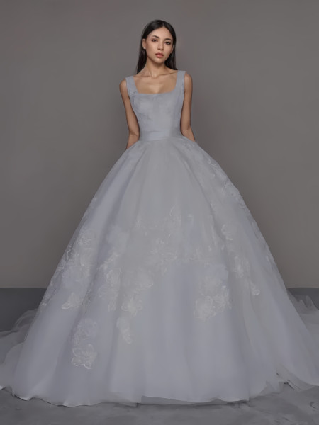 Shop 2024 ANNAKOO Gray Tulle A Line Square Neck Flower Wedding Dress Under 249