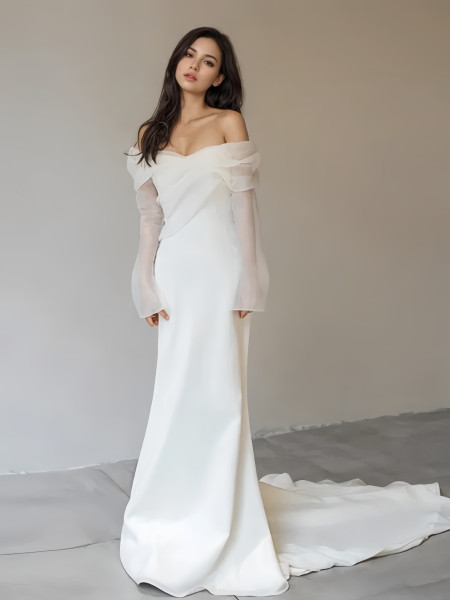 Shop 2024 ANNAKOO Off The Shoulder Mermaid Satin Ruched Long Sleeve Wedding Dress Under 159