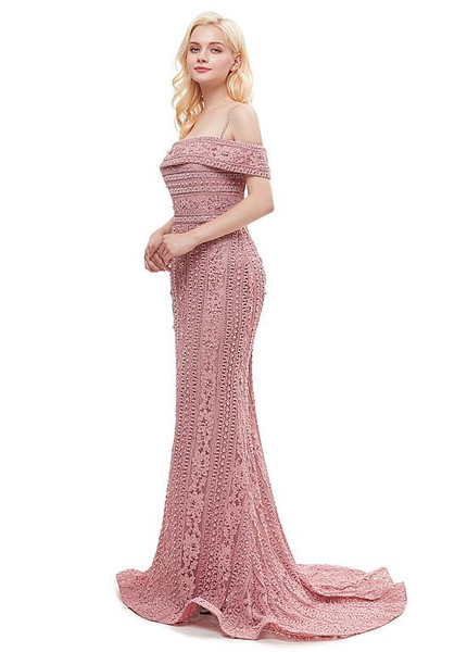  Pink Lace Spaghetti Straps Long Mermaid Prom  Evening Dress
