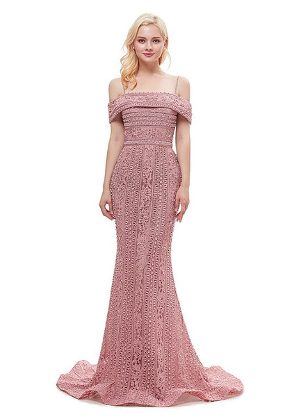  Pink Lace Spaghetti Straps Long Mermaid Prom  Evening Dress