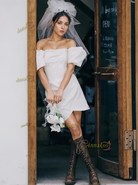 Shop 2024 ANNAKOO  Satin Off The Shoulder Short Mini Wedding Dress Under 128