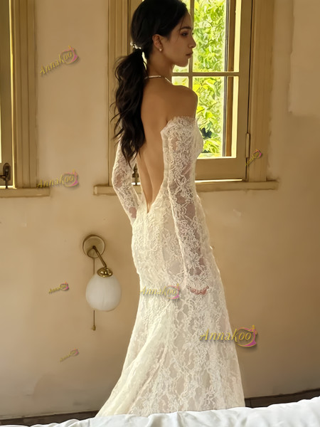 Shop 2024 ANNAKOO Long Sleeve Lace Trumpet Mermaid Backless Wedding Dress Under 228
