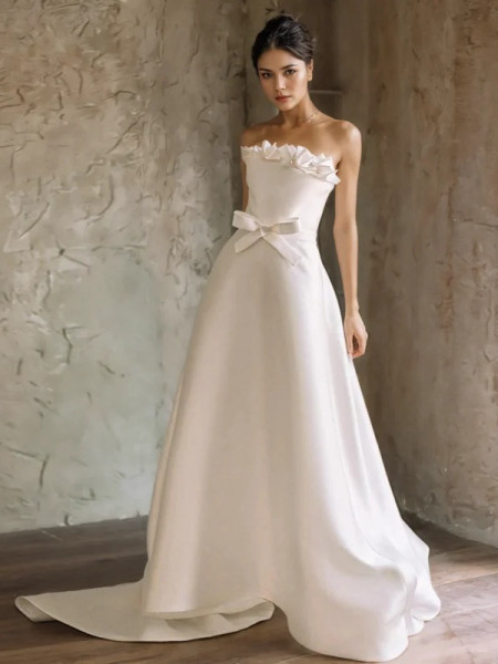 Shop 2024 ANNAKOO Satin A Line Bow Strapless Sweep Train Wedding Dress Under 189